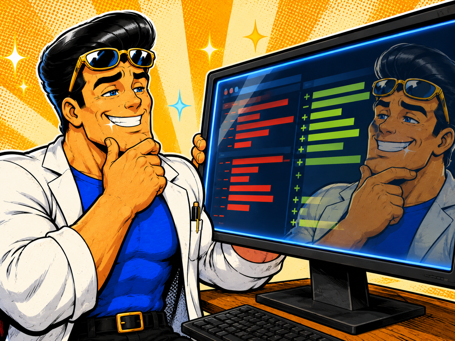 Brawny in a lab coat over his blue tee, peering at a code diff on a monitor while also checking himself out in the monitor's reflection