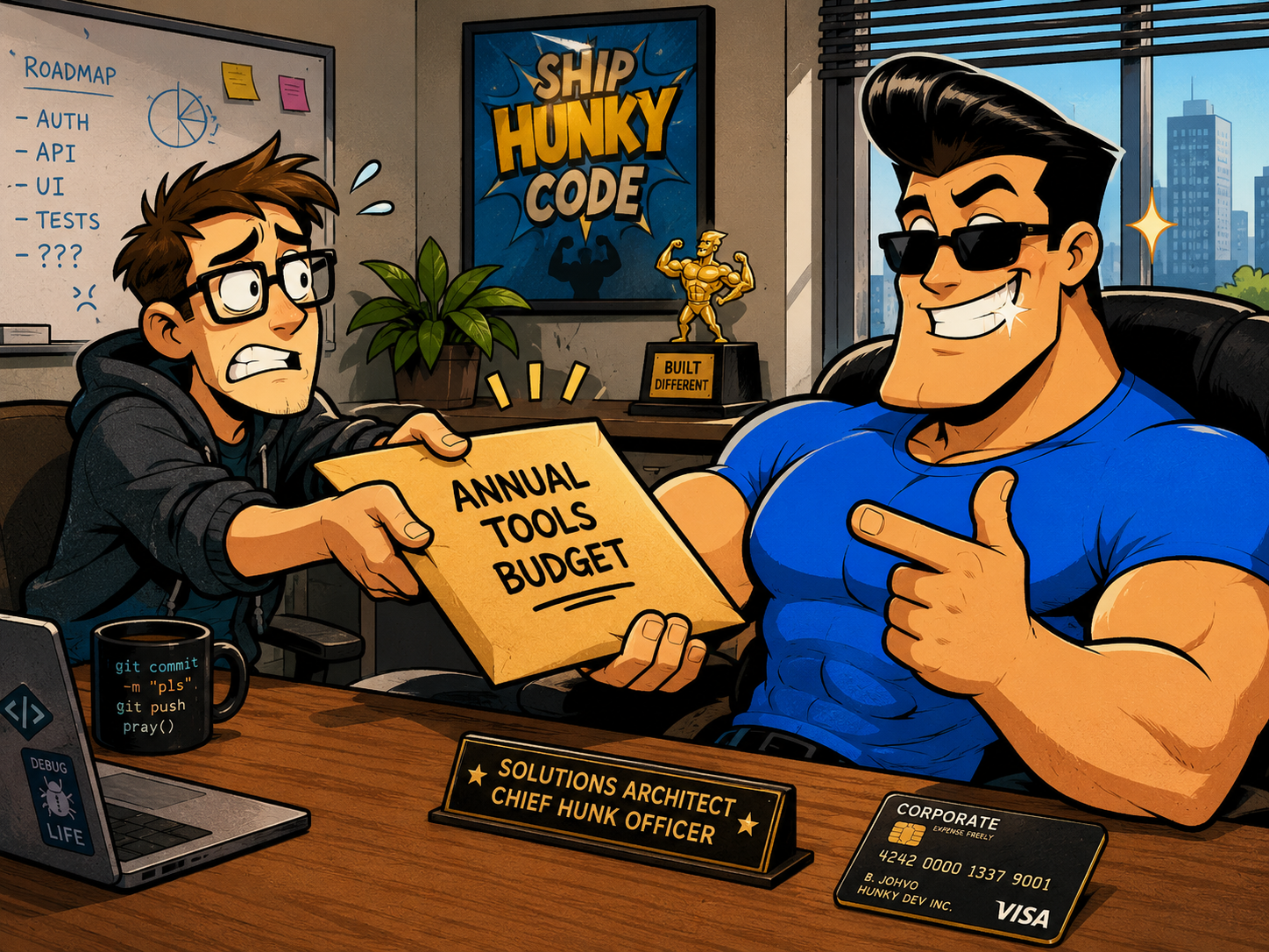 A developer slides a fat 'ANNUAL TOOLS BUDGET' envelope across a desk to a winking Brawny
