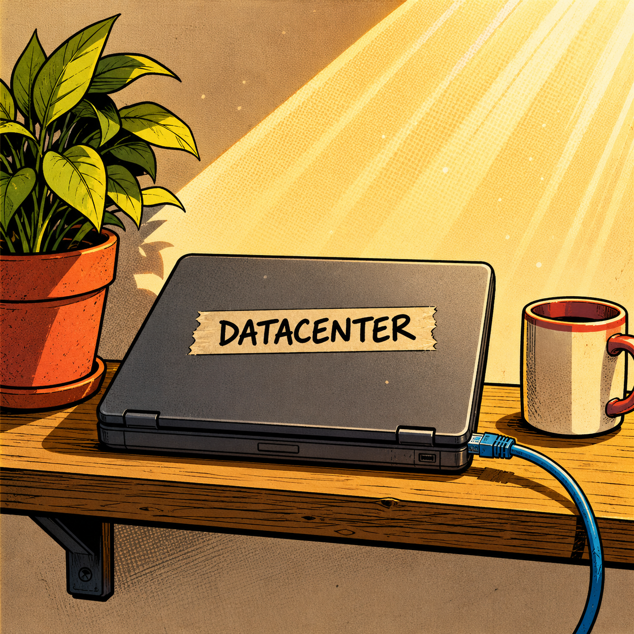 The 'Hunky Cloud data center': one ordinary laptop on a wooden shelf, a strip of masking tape across the lid reading DATACENTER in marker